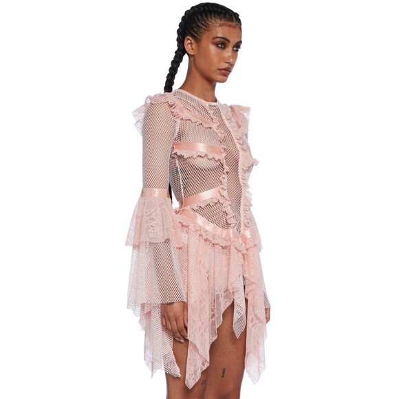NWT Club Exx Pastel Pink Fishnet Ruffled Lace Bell Sleeve Fairycore Mini Dress - Picture 2 of 10